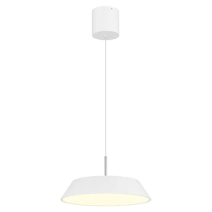 Globo LED-Pendelleuchte rund Silena - 24 W, Ø x H: 40 x 18 cm, Warmweiß - Weiße scheibenförmige Pendelleuchte mit silberner Aufhängung, warmes Licht abstrahlend.