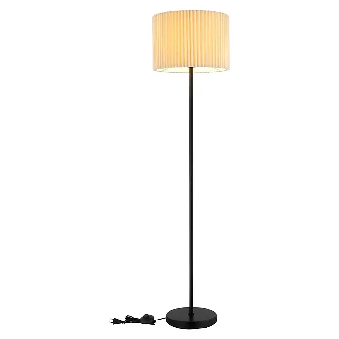 Globo Stehleuchte Page - 40 W, Höhe: 1.520 mm, E27 - Hohe Stehlampe mit beleuchtetem, plissiertem hellen Schirm, schlankem schwarzem Ständer und rundem schwarzem Sockel, inklusive Fußschalter.