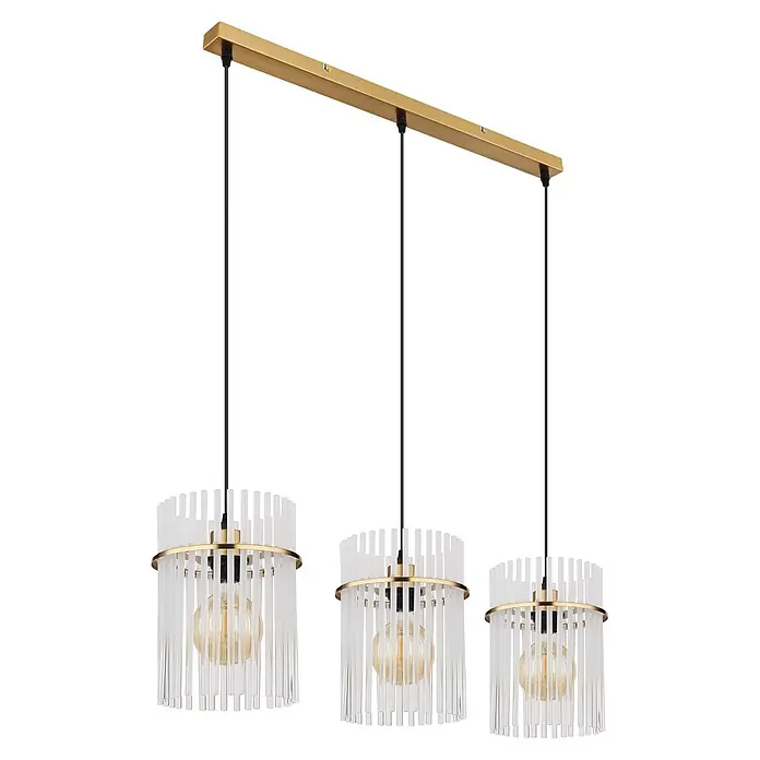 Globo Pendelleuchte Gorley - L x B x H: 800 x 200 x 1.400 mm - Dreiflammige, lineare Pendelleuchte mit goldener Stange, schwarzen Kabeln und zylindrischen Schirmen aus klaren Glasstäben.