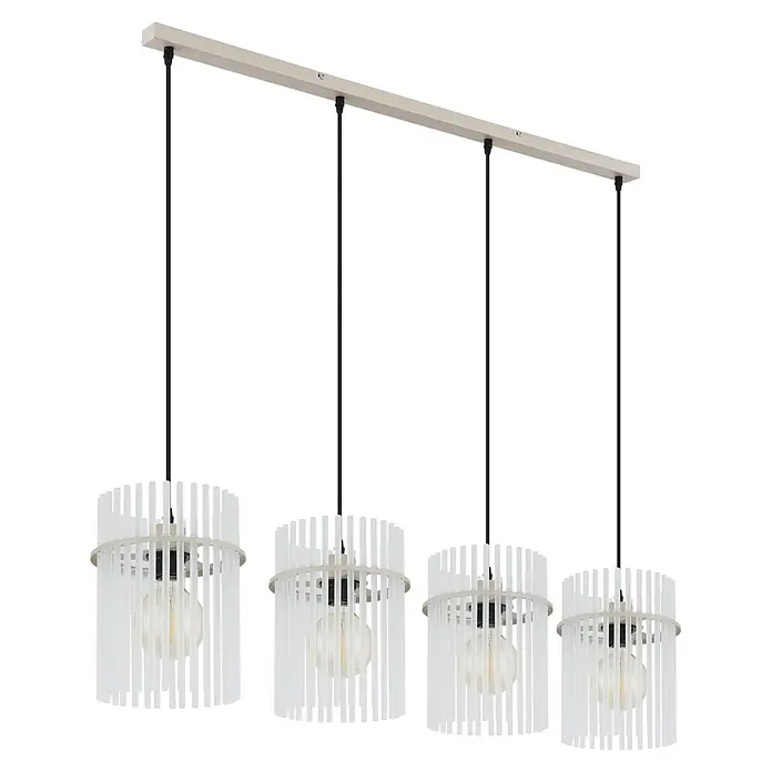 Globo LED-Pendelleuchte Gorley - 60 W, L x B x H: 110 x 20 x 110 cm, Sandfarben - Lineare Pendelleuchte mit vier Lampen, jede mit weiß gefrostetem zylindrischem Schirm und klarer Glühbirne, von einer hellen Leiste abgehängt.