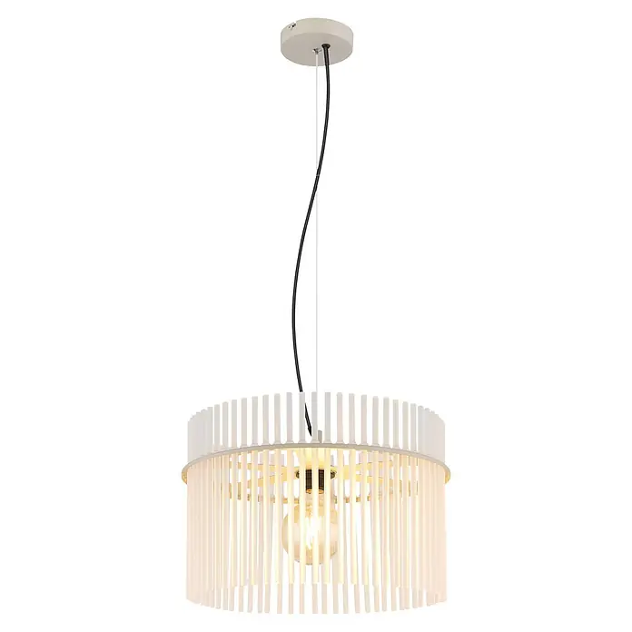 Globo Pendelleuchte rund Gorley - 60 W, Ø x H: 40 x 150 cm, Sandfarben, E27 - Weiße Hängelampe mit Lamellenschirm, cremefarbener Deckenrosette und sichtbarer Glühbirne.