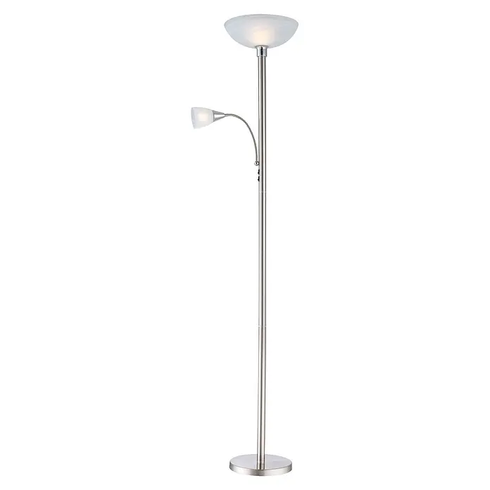 Globo LED-Stehleuchte Blade - 8,8 W, Silber, Warmweiß, Ø x H: 30 x 178 cm - Stehlampe aus gebürstetem Nickel mit Milchglas-Deckenfluter und verstellbarer Leselampe.