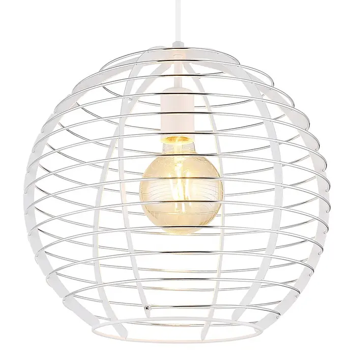 Globo Pendelleuchte Nesa - 60 W, Weiß, E27 - Weiße kugelförmige Hängeleuchte aus Metallgeflecht mit freiliegender, glühender Vintage-Glühbirne.