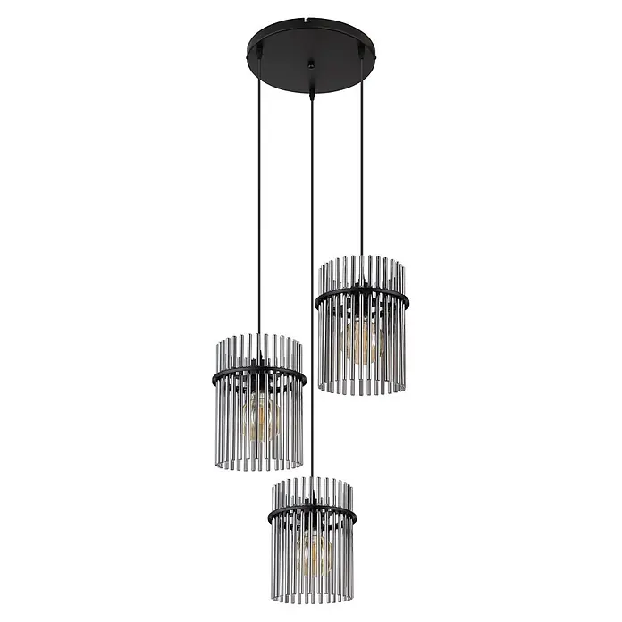 Globo Pendelleuchte Gorley - L x B x H: 800 x 200 x 1.400 mm - Dreiflammige Pendelleuchte mit schwarzem Baldachin und drei zylindrischen Schirmen aus vertikalen Silberstangen, mit Vintage-Glühbirnen.