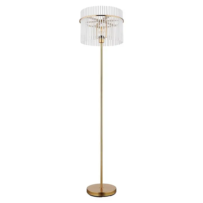 Globo Stehleuchte Gorley - Höhe: 1.520 mm, E27 - Goldene Stehlampe mit zylindrischem, weißem Schirm aus vertikalen Stäben.