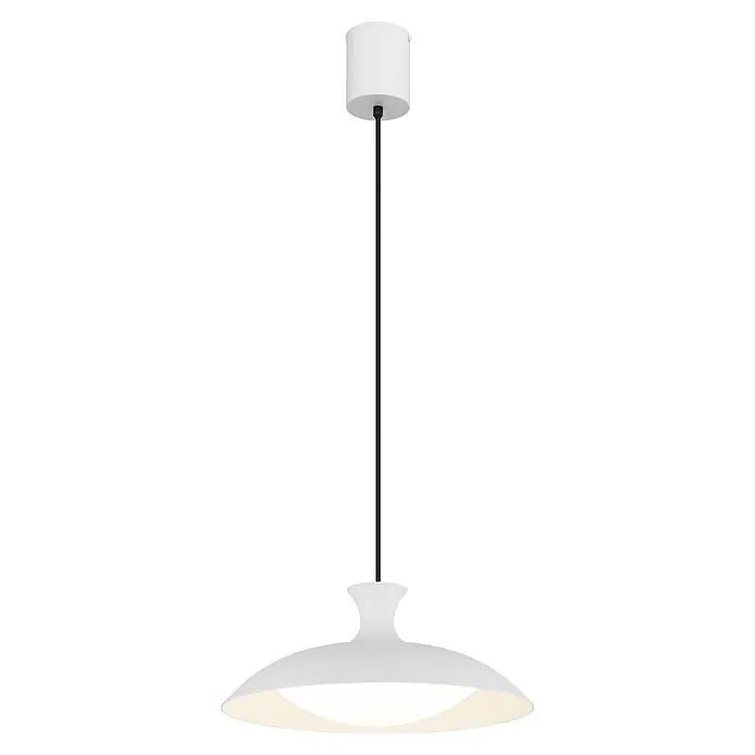 Globo LED-Pendelleuchte rund Rocha - 18 W, Warmweiß - Weißes Hängelicht mit zylindrischer Deckenhalterung, schwarzem Kabel und breitem, flachem Schirm nach unten leuchtend.