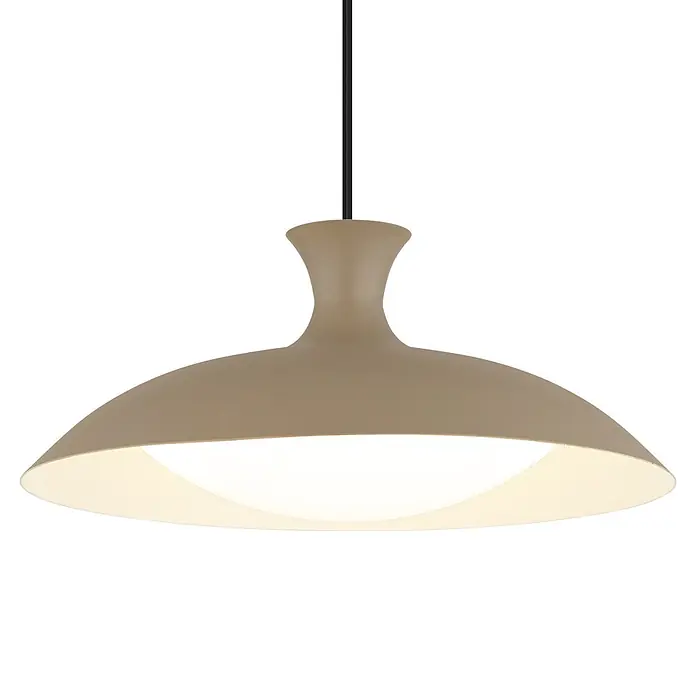 Globo LED-Pendelleuchte rund Rocha - Ø x H: 40 x 150 cm - Beigefarbene, breitkrempige Pendelleuchte mit schwarzem Kabel, die ein helles weißes Licht abgibt.