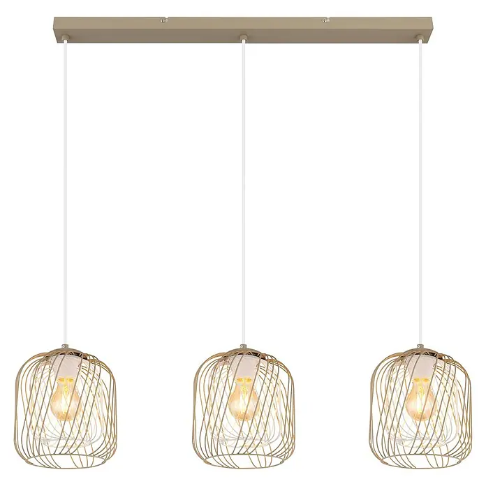 Globo Pendelleuchte Dichti - 40 W, L x B x H: 84 x 18 x 150 cm, Sandfarben, E27 - Moderne dreifache goldene Pendelleuchte mit Drahtkäfigen, sichtbaren Edison-Birnen und passender Schiene.
