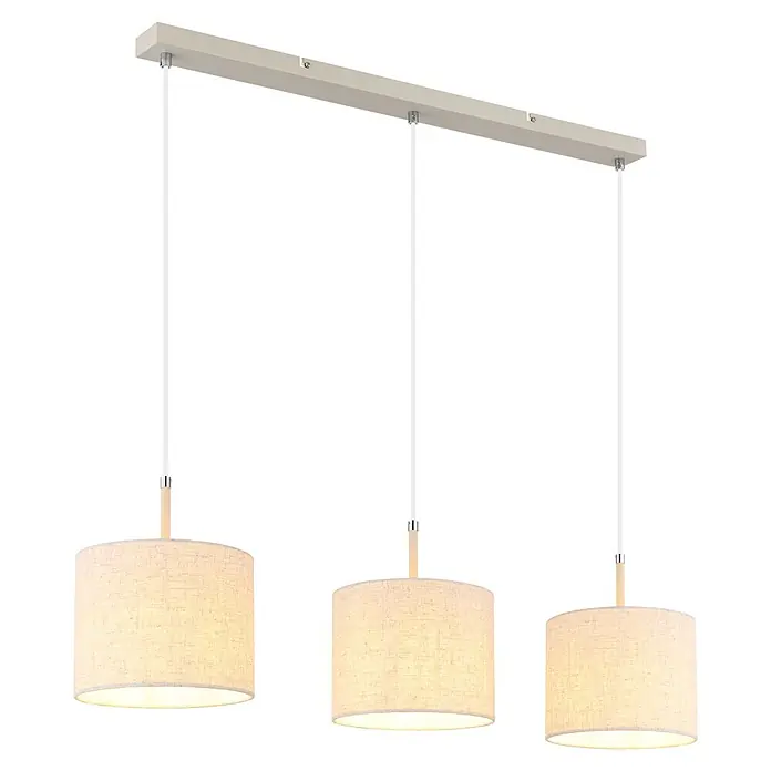 Globo Pendelleuchte Deleon - 40 W, L x B x H: 90 x 20 x 120 cm, Creme, E27 - Dreifach-Hängeleuchte mit zylindrischen Stoffschirmen und beiger rechteckiger Deckenstange.