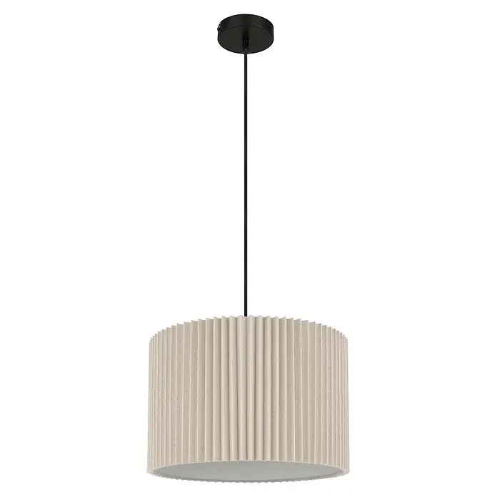 Globo Pendelleuchte Page - Höhe: 1.200 mm, Leistung je Leuchtmittel: 40 W - Schwarze Pendelleuchte mit beigem plissiertem Stoff-Trommelschirm.