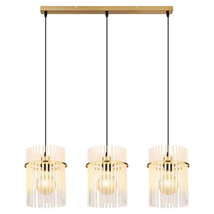 Globo Pendelleuchte Gorley - L x B x H: 800 x 200 x 1.400 mm - Dreiflammige lineare Pendelleuchte mit goldfarbener Stange, Glasstäben und sichtbaren Glühbirnen.