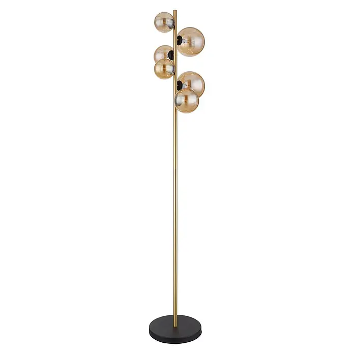 Globo Riha LED-Stehleuchte - 3,5 W, Höhe: 155 cm, Warmweiß - Moderne goldene Stehlampe mit schwarzem Sockel und fünf bernsteinfarbenen Kugelglühbirnen.