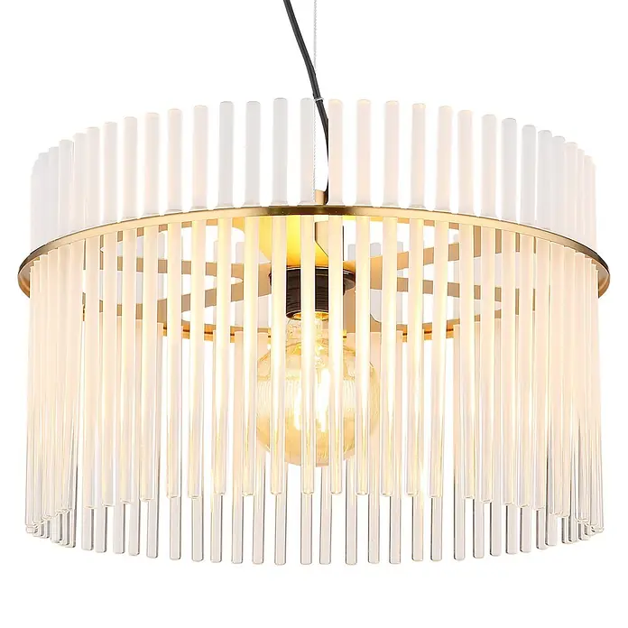 Globo Pendelleuchte Gorley - Höhe: 1.500 mm, Anzahl Leuchtmittel: 1 Stk. - Runde Hängelampe mit goldenem Rahmen und zahlreichen klaren Glasstäben, die eine warm leuchtende Glühbirne zeigt.