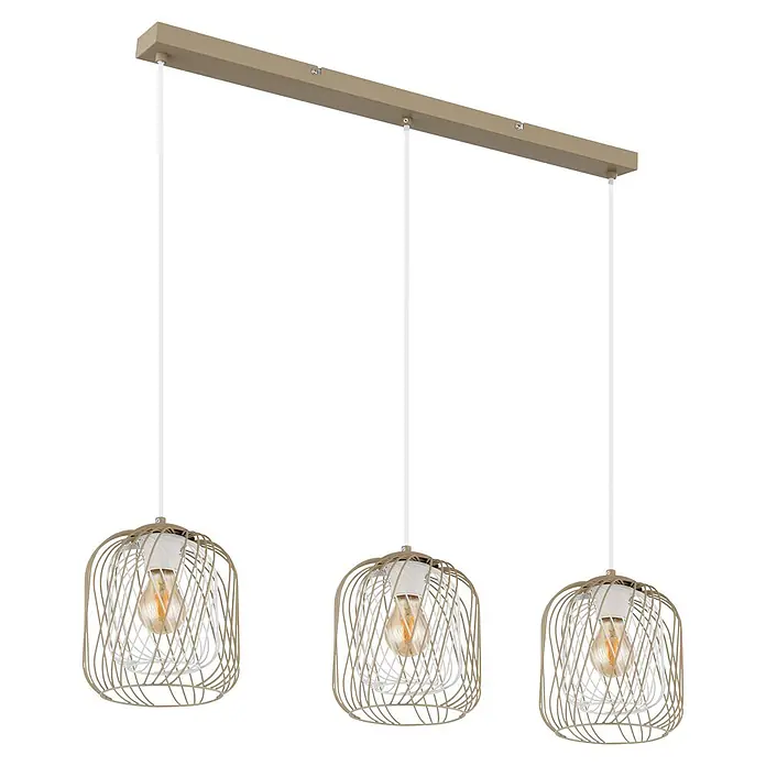 Globo Pendelleuchte Dichti - 40 W, L x B x H: 84 x 18 x 150 cm, Sandfarben, E27 - Beige und weiße lineare Pendelleuchte mit drei Käfigschirmen und Glühfadenlampen.