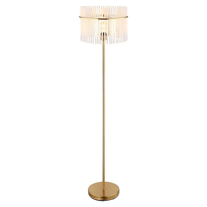 Globo Stehleuchte Gorley - Höhe: 1.520 mm, E27 - Goldene Stehlampe mit zylindrischem Schirm aus klaren vertikalen Stäben und leuchtender Glühbirne.