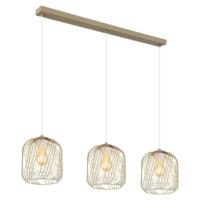 Globo Pendelleuchte Dichti - 40 W, L x B x H: 84 x 18 x 150 cm, Sandfarben, E27 - Beige Pendelleuchte aus Metall mit 3 Lichtern, linearem Balken, Käfigschirmen und sichtbaren Glühbirnen.