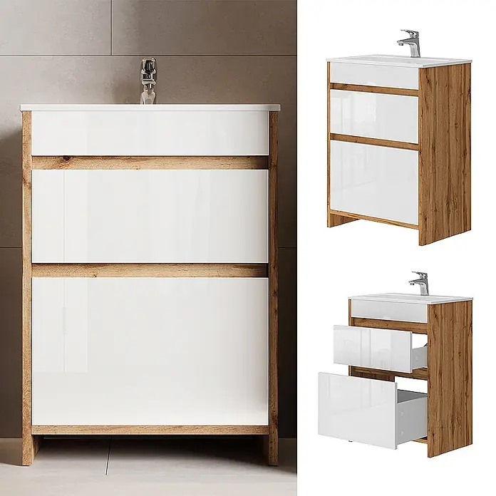 Vicco Badmöbel-Set Detmold Goldkraft Eiche 2 Teile, Unterschrank 60 cm - Gesamtbreite Badmöbel: 58 cm, Goldkraft Eiche, Glänzend - Weißer Hochglanz-Waschtischunterschrank mit Holzoptik-Rahmen, integriertem Waschbecken, Armatur und drei teils geöffneten Schubladen.