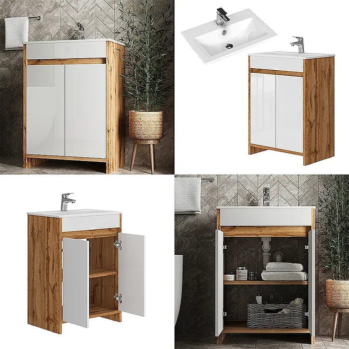 Vicco Badmöbel-Set Lemgo Goldkraft Eiche 2 Teile - Goldkraft Eiche, Glänzend - Weiß hochglänzender Waschtischunterschrank mit Holzoptik, integriertem Waschbecken und Stauraum, in modernem Bad.