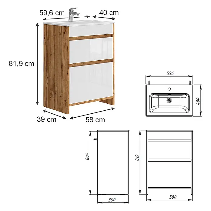Vicco Badmöbel-Set Detmold Goldkraft Eiche 2 Teile, Unterschrank 60 cm - Gesamtbreite Badmöbel: 58 cm, Goldkraft Eiche, Glänzend - Brauner Badunterschrank in Holzoptik mit weißen Hochglanzschubladen und integriertem Keramikwaschbecken.