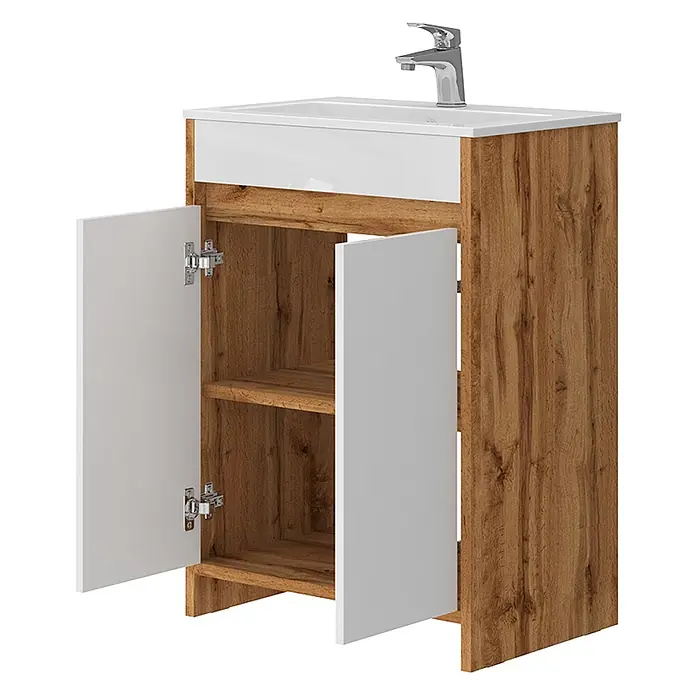 Vicco Badmöbel-Set Lemgo Goldkraft Eiche 2 Teile - Goldkraft Eiche, Glänzend - Badezimmermöbel aus Holz mit weißem Waschbecken, Chromarmatur und offenen weißen Türen, die Ablagefächer zeigen.