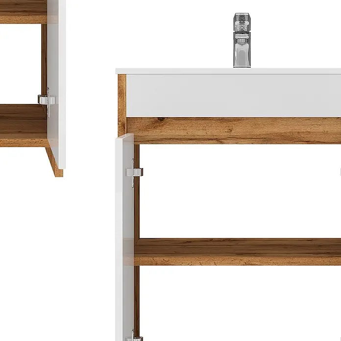 Vicco Badmöbel-Set Lemgo Goldkraft Eiche 2 Teile - Goldkraft Eiche, Glänzend - Badunterschrank in Weiß und Holzoptik mit offener Tür und Chromarmatur.