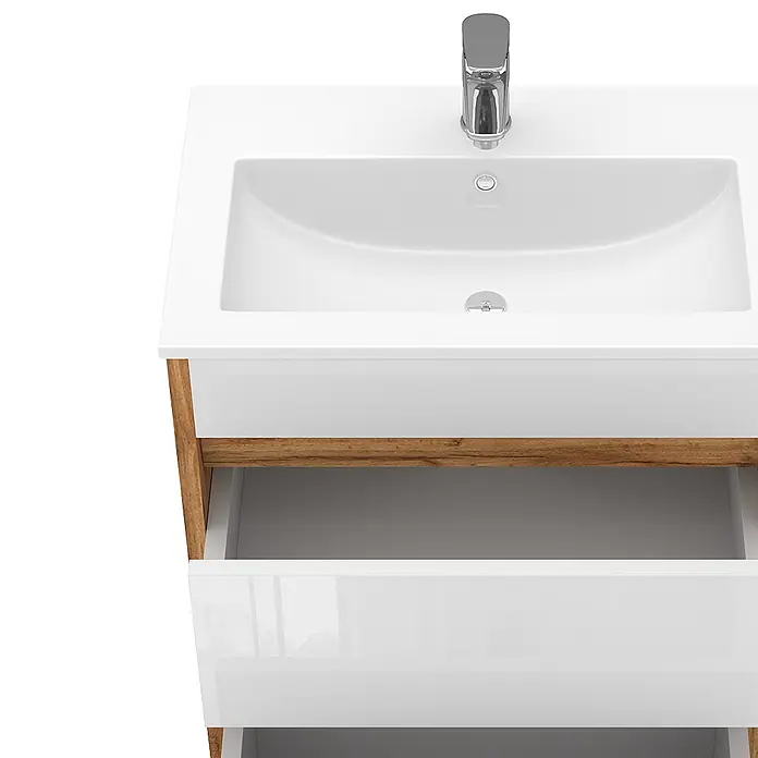 Vicco Badmöbel-Set Detmold Goldkraft Eiche 2 Teile, Unterschrank 60 cm - Gesamtbreite Badmöbel: 58 cm, Goldkraft Eiche, Glänzend - Weißer Waschtisch mit Keramikbecken, Chromarmatur, Holzrahmen und offener hochglänzender Schublade.