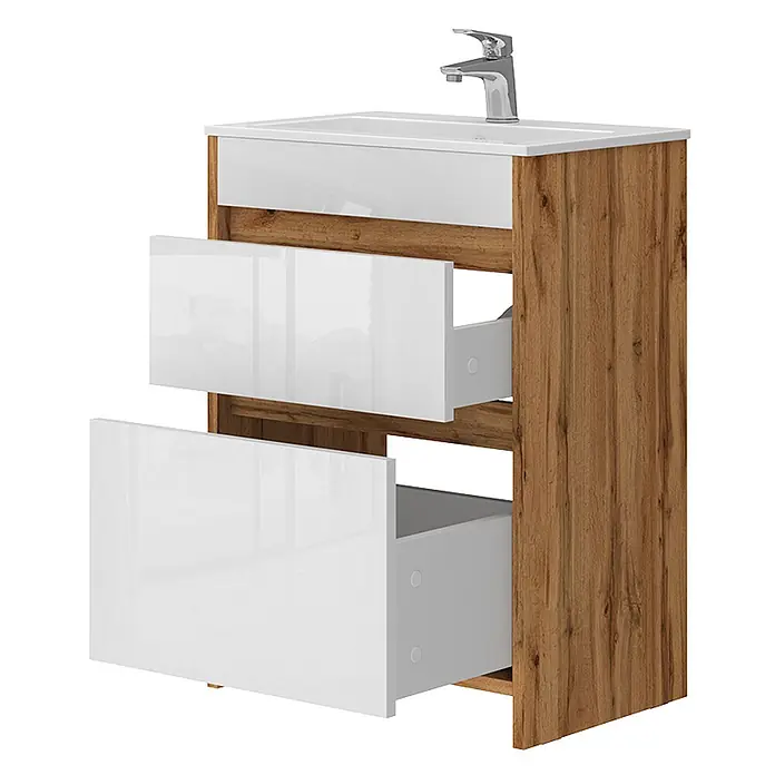 Vicco Badmöbel-Set Detmold Goldkraft Eiche 2 Teile, Unterschrank 60 cm - Gesamtbreite Badmöbel: 58 cm, Goldkraft Eiche, Glänzend - Weiß glänzender Badunterschrank mit zwei Schubladen, Holzoptik-Seiten, integriertem Waschbecken und Chromarmatur. Beide Schubladen sind teilweise geöffnet.