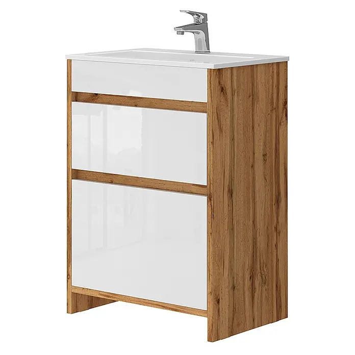 Vicco Badmöbel-Set Detmold Goldkraft Eiche 2 Teile, Unterschrank 60 cm - Gesamtbreite Badmöbel: 58 cm, Goldkraft Eiche, Glänzend - Badezimmermöbel mit integriertem Waschbecken und Armatur, mit Holzdekorrahmen und glänzenden weißen Fronten.