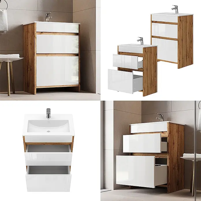 Vicco Badmöbel-Set Detmold Goldkraft Eiche 2 Teile, Unterschrank 60 cm - Gesamtbreite Badmöbel: 58 cm, Goldkraft Eiche, Glänzend - Badezimmer-Waschtischunterschrank in Holzoptik mit weißen Hochglanzfronten und integriertem Waschbecken, in verschiedenen Ansichten gezeigt.