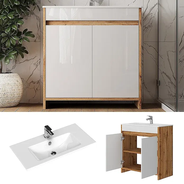 Vicco Badmöbel-Set Lemgo Goldkraft Eiche 2 Teile - Gesamtbreite Badmöbel: 78 cm, Goldkraft Eiche, Glänzend - Badezimmerschrank mit weißem Keramikwaschbecken, hellem Holzrahmen und weißen Hochglanztüren in einem modernen Bad.