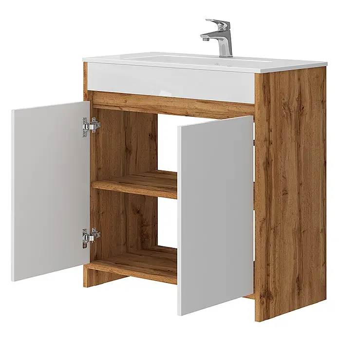 Vicco Badmöbel-Set Lemgo Goldkraft Eiche 2 Teile - Gesamtbreite Badmöbel: 78 cm, Goldkraft Eiche, Glänzend - Badezimmerunterschrank mit weißem Waschbecken, Chromarmatur und Holzdekor-Schrank mit zwei offenen weißen Türen.