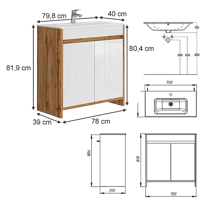 Vicco Badmöbel-Set Lemgo Goldkraft Eiche 2 Teile - Gesamtbreite Badmöbel: 78 cm, Goldkraft Eiche, Glänzend - Holzoptik Badunterschrank mit weiß glänzenden Türen und integriertem Waschbecken mit Armatur.