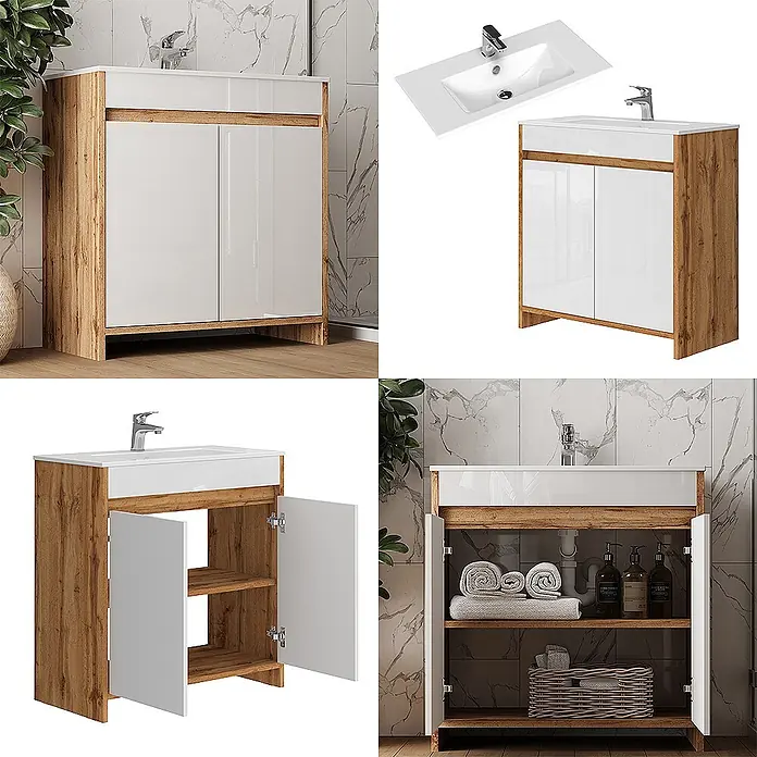 Vicco Badmöbel-Set Lemgo Goldkraft Eiche 2 Teile - Gesamtbreite Badmöbel: 78 cm, Goldkraft Eiche, Glänzend - Weißer Hochglanz-Badunterschrank mit hellem Holzrahmen und integriertem Waschbecken, geschlossen und offen mit Ablagefächern.