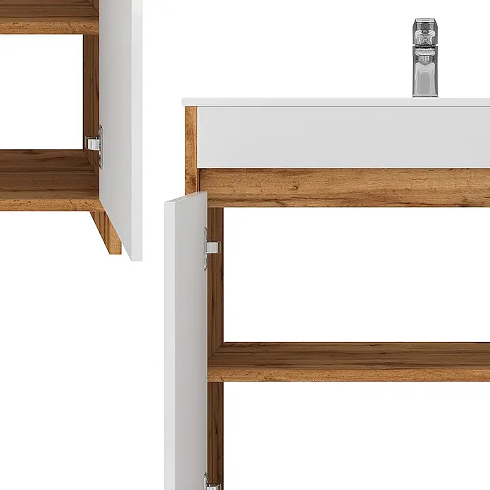 Vicco Badmöbel-Set Lemgo Goldkraft Eiche 2 Teile - Gesamtbreite Badmöbel: 78 cm, Goldkraft Eiche, Glänzend - Badezimmerunterschrank mit weißen Türen, Holzoptik-Regalen und Chromarmatur.