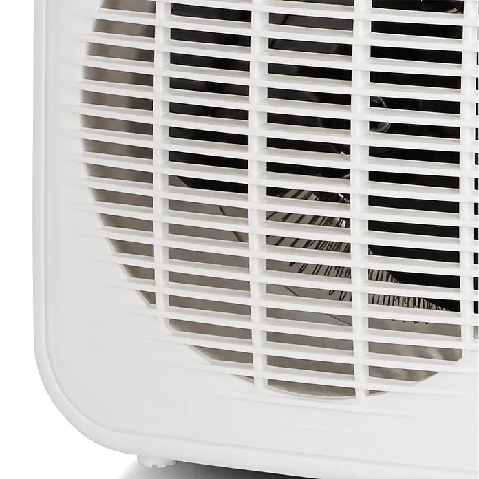 Emerio Heizlüfter - Weiß, 20 m² - Weißer Heizlüfter mit Kunststoffgitter, das den Ventilator und die Heizelemente im Inneren zeigt.