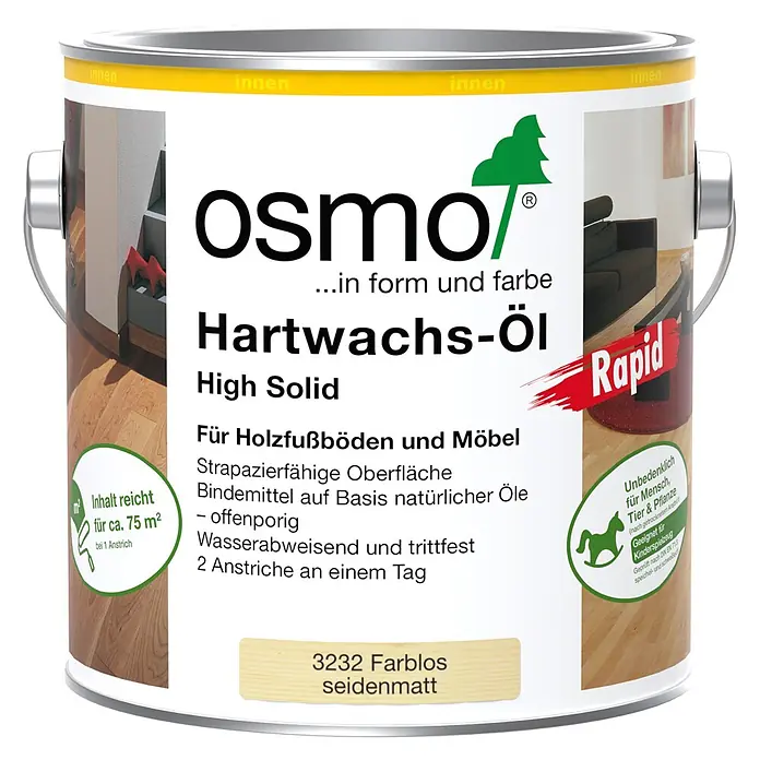 Osmo High Solid Hartwachsöl Rapid - Farblos, 2,5 l, Seidenmatt - Osmo Hartwachs-Öl Rapid, farblos seidenmatt, für Holzfußböden und Möbel.