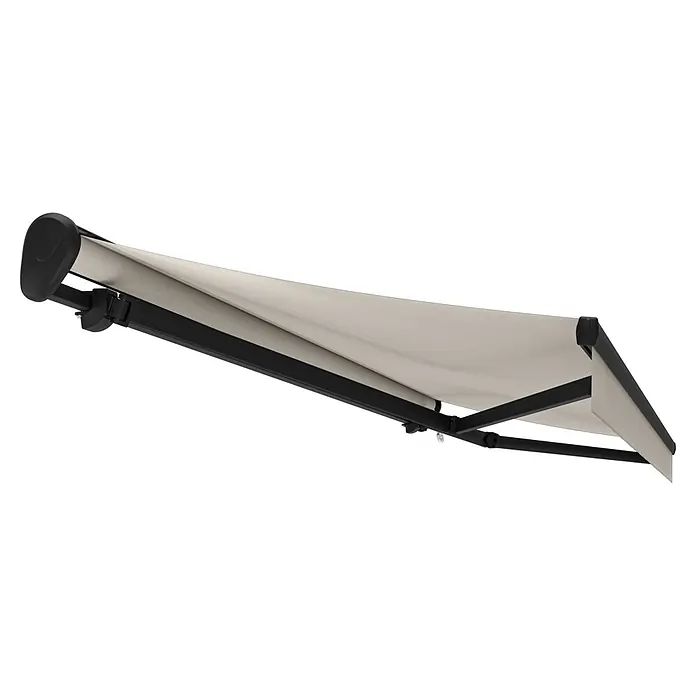 Spettmann Teilhülsenmarkise U387 - Beige, Farbe Gestell: Eisenglimmer matt, Breite: 5 m, Ausfall: 3 m - Beige aufgerollte Markise mit schwarzem Gestell.