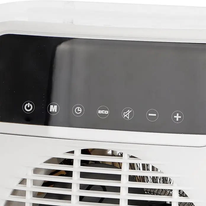 Emerio Heizlüfter - Weiß, 20 m² - Weißes Klimaanlagen-Bedienfeld mit schwarzem Display und weißen Symbolen für Ein/Aus, Modus, Timer, Eco, Stumm und Einstellungen.