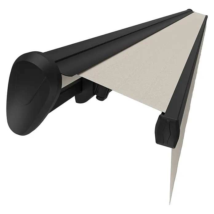 Spettmann Teilhülsenmarkise U387 - Beige, Farbe Gestell: Eisenglimmer matt, Breite: 5 m, Ausfall: 3 m - Beige Markise mit schwarzem Gehäuse, teilweise ausgefahren.