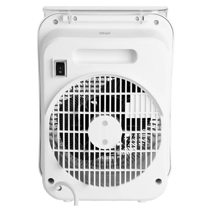 Emerio Heizlüfter - Weiß, 20 m² - Weißer tragbarer Mini-Ventilator mit transparentem Griff und sichtbaren schwarzen Flügeln, mit Ein-/Ausschalter.