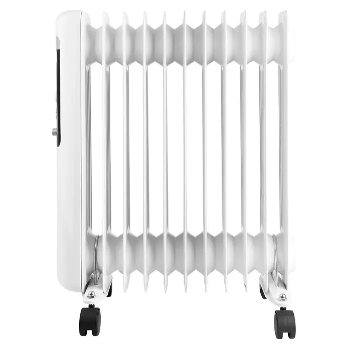 Emerio Ölradiator - 2.500 W, Weiß, 49 x 14,2 x 62 cm - Weißer, tragbarer Ölradiator mit mehreren Rippen und Rollen.