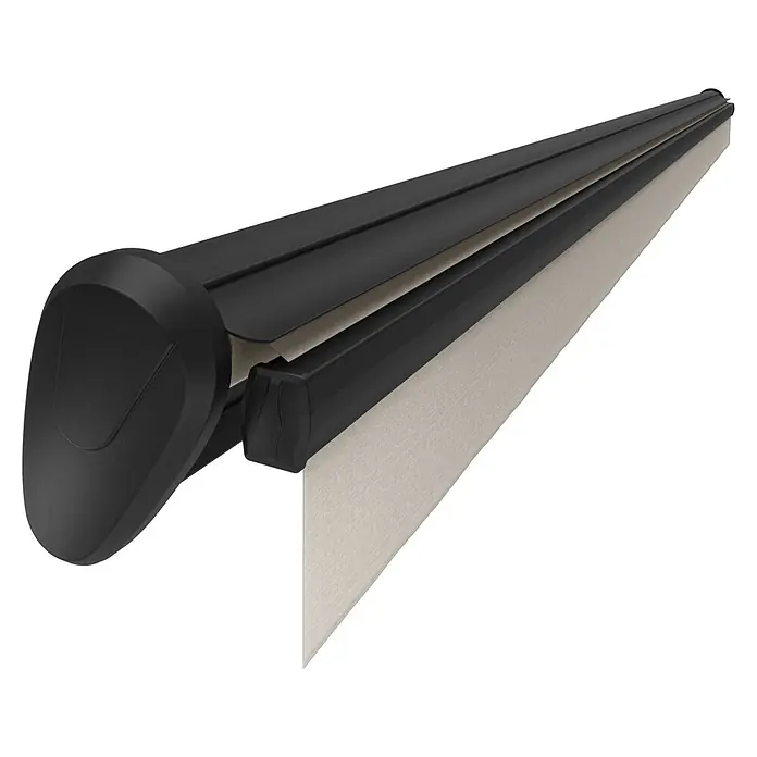Spettmann Teilhülsenmarkise U387 - Beige, Farbe Gestell: Eisenglimmer matt, Breite: 5 m, Ausfall: 3 m - Teilweise ausgefahrene Markise mit schwarzem Gehäuse und beigem Stoff.