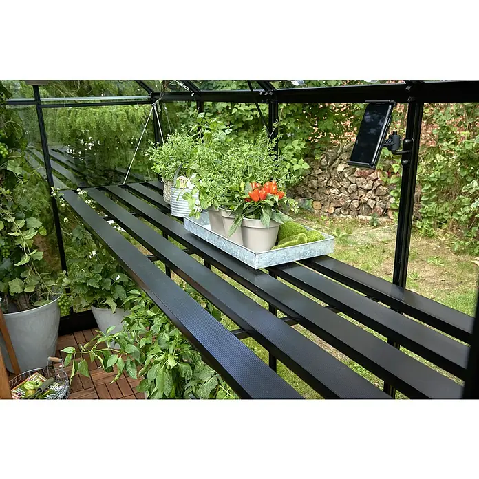 Juliana Gewächshaus-Tisch - Passend für: Juliana Gewächshaus Premium mit 13 m² - Nahaufnahme eines Gewächshauses mit einem Regal, auf dem Pflanzen und Kräuter in Töpfen und einem Zinktablett stehen.