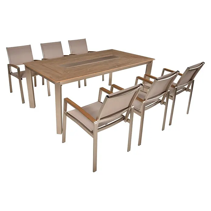 Garden Pleasure Gartenmöbel-Set Florence - 7 -tlg., Aluminium, Polystyrol, Kunststoffgewebe, Champagner/Grau - Outdoor-Essgruppe mit hellem Holztisch und sechs Stühlen. Silberne Metallrahmen, beiges Netzgewebe und Holzarmlehnen.