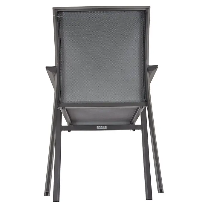 Garden Pleasure Gartenmöbel-Set Sophia - 9 -tlg., Aluminium, Polywood, Grau/Schwarz - Dunkelgrauer Metall-Outdoor-Stuhl mit Netzbespannung, umgedreht dargestellt.