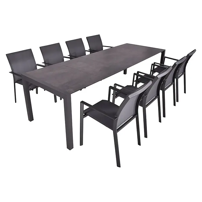 Garden Pleasure Gartenmöbel-Set Sophia - 9 -tlg., Aluminium, Polywood, Grau/Schwarz - Anthrazitfarbenes Outdoor-Essgruppe mit rechteckigem Tisch und 8 Mesh-Stühlen.