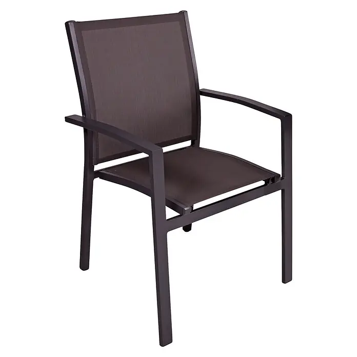 Garden Pleasure Gartenmöbel-Set Nerea - 9 -tlg., Aluminium, Glas, Schwarz - Dunkelgrauer Outdoor-Stuhl mit Netzgewebe-Sitz und -Rückenlehne, sowie Metallrahmen mit Armlehnen.