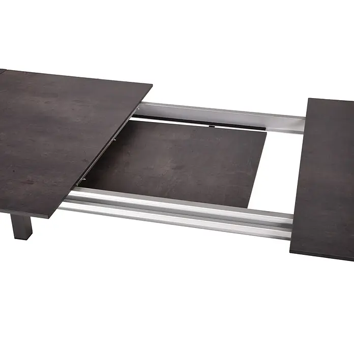 Garden Pleasure Gartenmöbel-Set Sophia - 9 -tlg., Aluminium, Polywood, Grau/Schwarz - Dunkelgrauer Ausziehtisch, teilweise geöffnet, zeigt silberne Auszugsschienen und eine eingelagerte Platte.