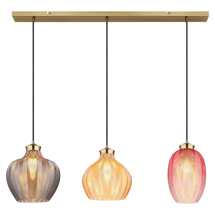 Globo Pendelleuchte Jessica - 60 W, L x B x H: 90 x 25 x 120 cm, E27 - Dreifach-Pendelleuchte mit Messing-Deckenstange und drei Chevron-gemusterten Glasschirmen in Rauchgrau, Amber und Rosa.