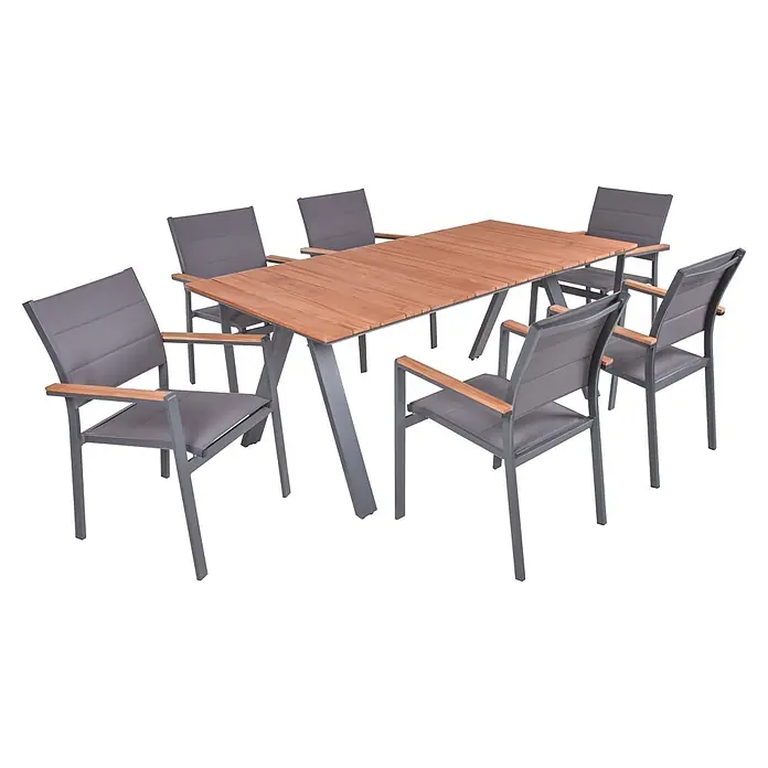 Garden Pleasure Gartenmöbel-Set Davina - 7 -tlg., Aluminium, Teak, Grau-Hellbraun, Stapelbar - Gartensitzgruppe mit rechteckigem Holztisch und sechs grauen Stühlen mit Holzarmlehnen.